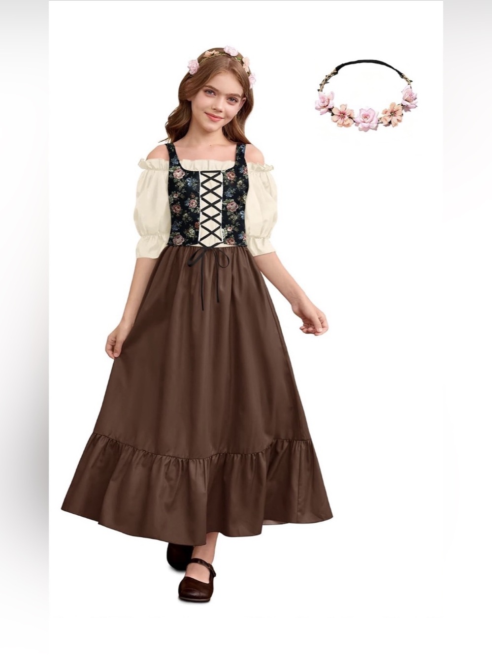 Girls 3Pcs Renaissance Medieval Dress with Floral Vest NWT Size 7-8Y